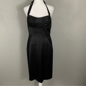 Donna Ricco Black Satin Dress Size 6 Pleats at Bust Halter Sheath Lined Classic